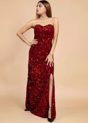 ELEGANT RED OFF-SHOULDER VELVET SEQUIN DRESS - HERSOUL