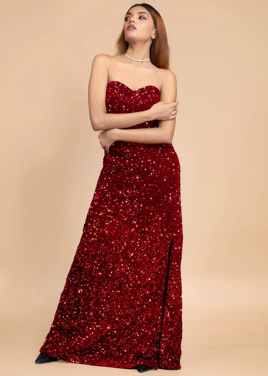 ELEGANT RED OFF-SHOULDER VELVET SEQUIN DRESS - HERSOUL