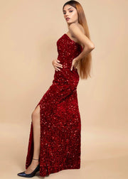 ELEGANT RED OFF-SHOULDER VELVET SEQUIN DRESS - HERSOUL