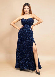 ELEGANT BLUE OFF-SHOULDER VELVET SEQUIN DRESS - HERSOUL