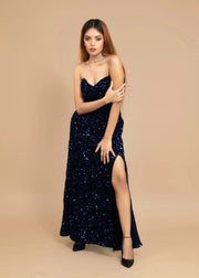 ELEGANT BLUE OFF-SHOULDER VELVET SEQUIN DRESS - HERSOUL