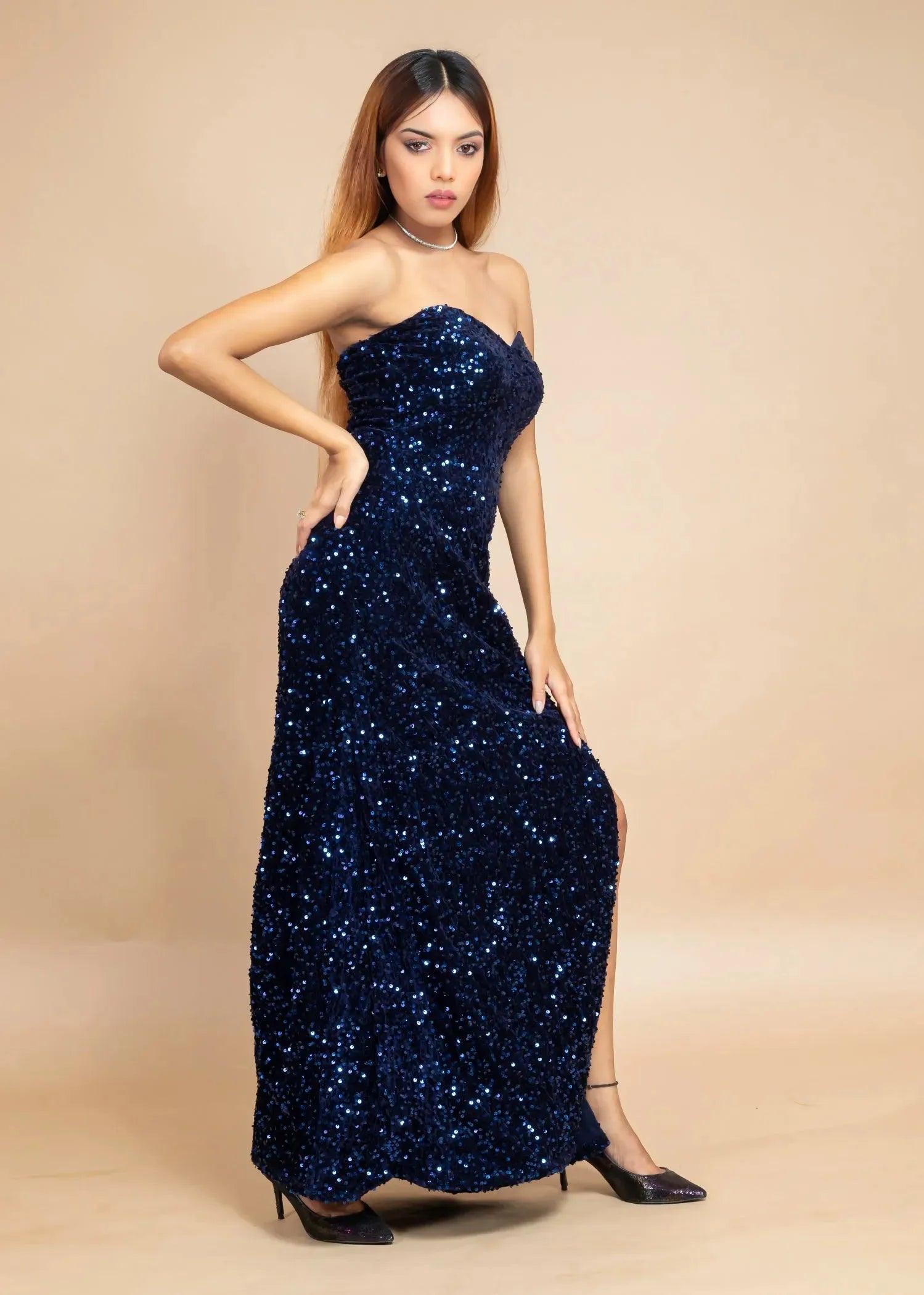 ELEGANT BLUE OFF-SHOULDER VELVET SEQUIN DRESS - HERSOUL