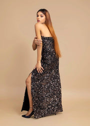 ELEGANT BRONZE OFF-SHOULDER VELVET SEQUIN DRESS - HERSOUL