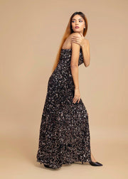 ELEGANT BRONZE OFF-SHOULDER VELVET SEQUIN DRESS - HERSOUL