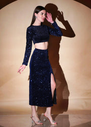 Stunning  Round Neck Style Blue Velvet Sequin Top With Side Slit Skirt - HERSOUL