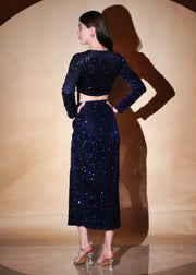 Stunning  Round Neck Style Blue Velvet Sequin Top With Side Slit Skirt - HERSOUL