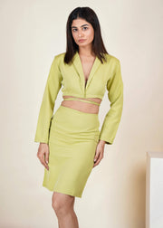 CROPPED TIE STRING LIME GREEN BLAZER WITH CHIC SKIRT CO-ORD SET - HERSOUL