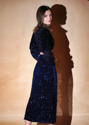 Stunning  V Neck Style Blue Velvet Sequin Top With Side Slit Skirt - HERSOUL