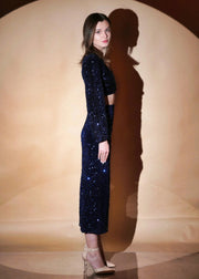 Stunning  V Neck Style Blue Velvet Sequin Top With Side Slit Skirt - HERSOUL