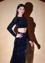 Stunning  Round Neck Style Blue Velvet Sequin Top With Side Slit Skirt - HERSOUL