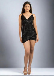 Effortless Glamour Black Sequin Draped Slip Dress - HERSOUL