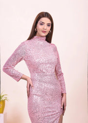 Embellished Side Cut Out Pink Sequin Long Dress - HERSOUL