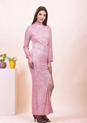 Embellished Side Cut Out Pink Sequin Long Dress - HERSOUL