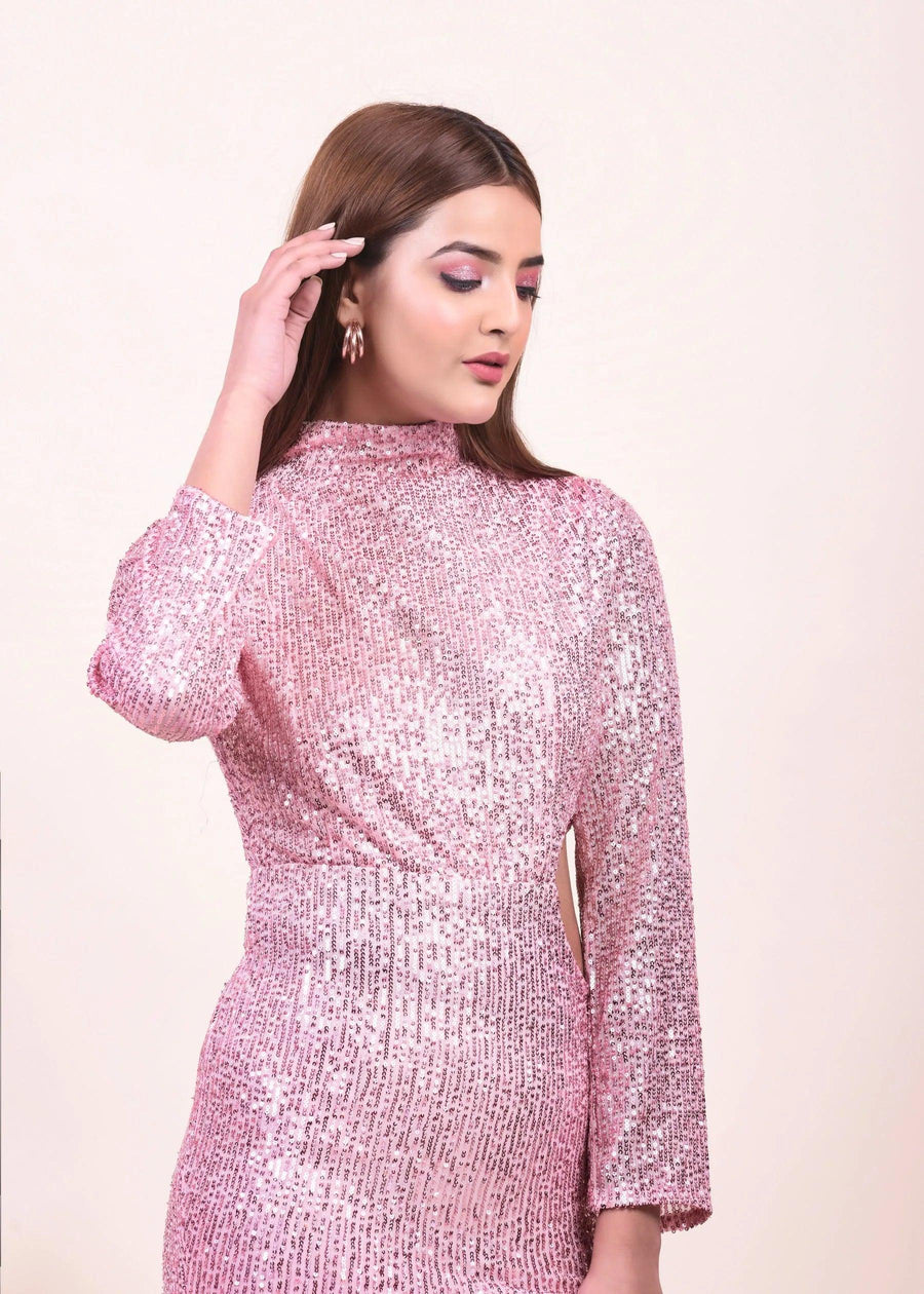 Embellished Side Cut Out Pink Sequin Long Dress - HERSOUL