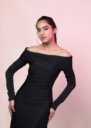 CLASSIC BLACK OVERFOLD OFF SHOULDER LONG GOWN DRESS - HERSOUL