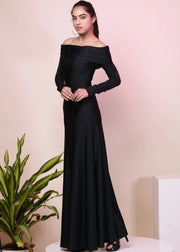 CLASSIC BLACK OVERFOLD OFF SHOULDER LONG GOWN DRESS - HERSOUL