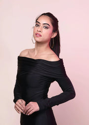 CLASSIC BLACK OVERFOLD OFF SHOULDER LONG GOWN DRESS - HERSOUL