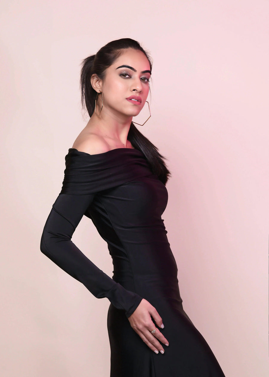 CLASSIC BLACK OVERFOLD OFF SHOULDER LONG GOWN DRESS - HERSOUL