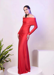 CLASSIC RED OVERFOLD OFF SHOULDER LONG GOWN DRESS - HERSOUL