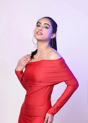 CLASSIC RED OVERFOLD OFF SHOULDER LONG GOWN DRESS - HERSOUL