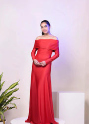 CLASSIC RED OVERFOLD OFF SHOULDER LONG GOWN DRESS - HERSOUL