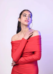 CLASSIC RED OVERFOLD OFF SHOULDER LONG GOWN DRESS - HERSOUL