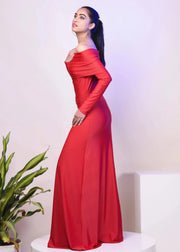 CLASSIC RED OVERFOLD OFF SHOULDER LONG GOWN DRESS - HERSOUL