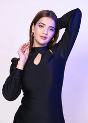 BLACK DACRON CHIC MIDI DRESS WITH DELICATE KEYHOLE CUTOUTS AND HIGH NECKLINE - Her Soul