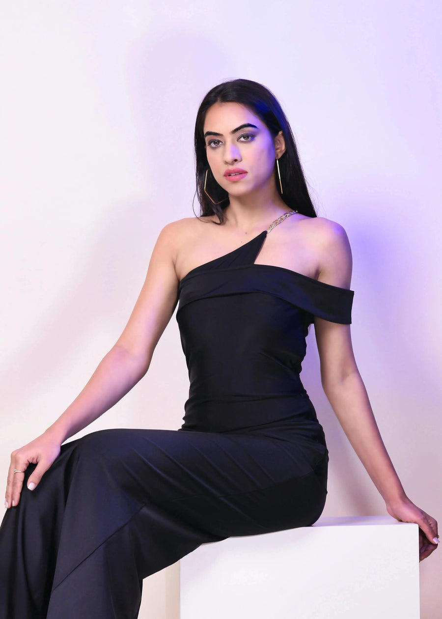 BLACK DACRON ONE SHOULDER SLIM FIT SLIT ON LONG DRESS - Her Soul