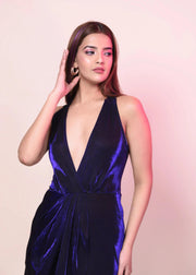 BLUE METALLIC DRAPED V NECK DRESS - Her Soul