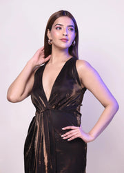 BROWN METALLIC DRAPED V NECK DRESS - Her Soul