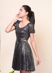 DAZZLE SILVER SEQUIN SIDE CUT OUT DRESS - Her Soul