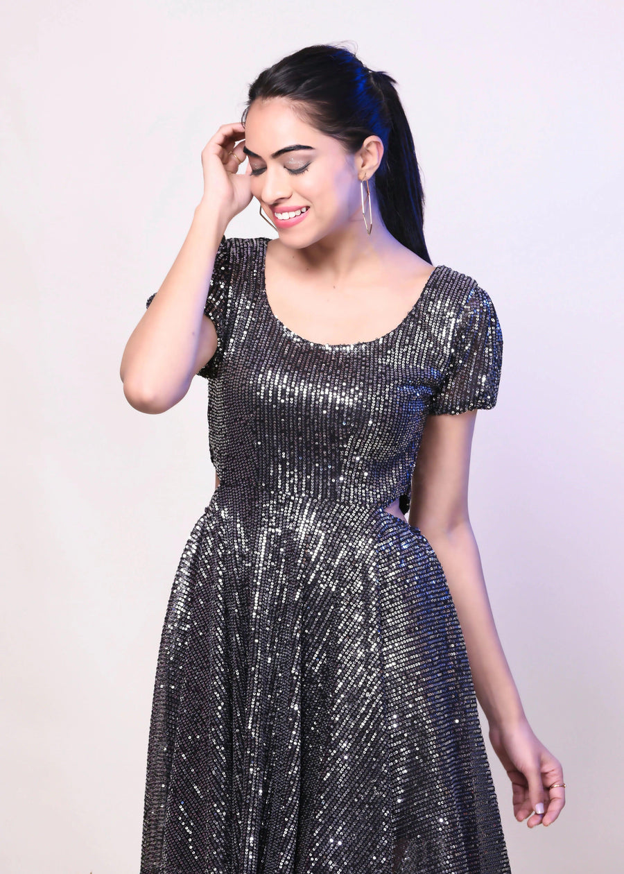 DAZZLE SILVER SEQUIN SIDE CUT OUT DRESS - Her Soul