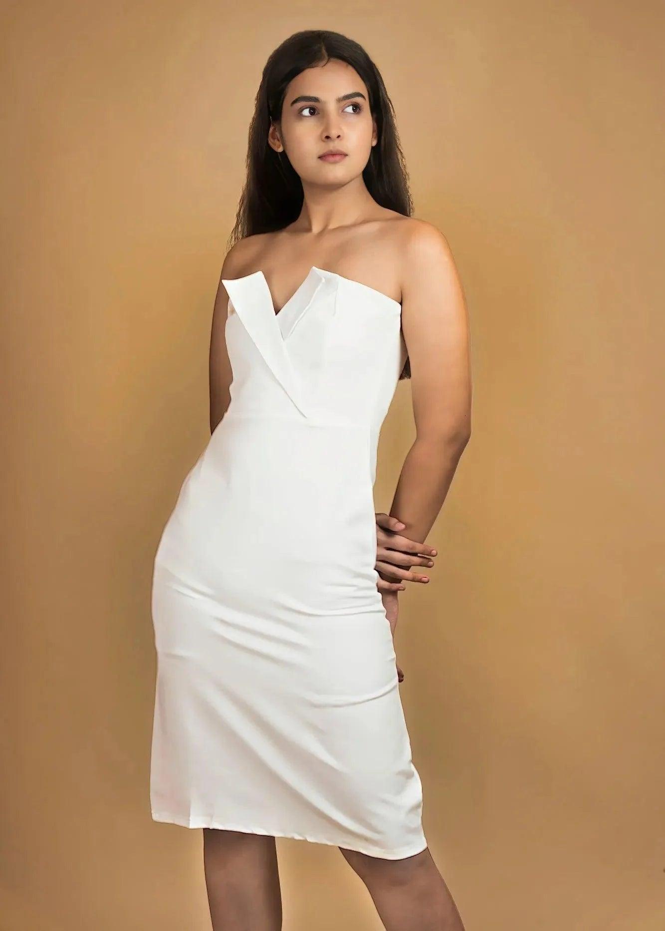 ELEGANCE MEETS STYLE PREMIUM WHITE CREPE BODYCON DRESS - Her Soul