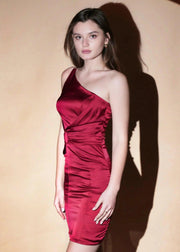 ELEGANT MAROON SLEEK SATIN ONE SHOULDER DRESS - Her Soul