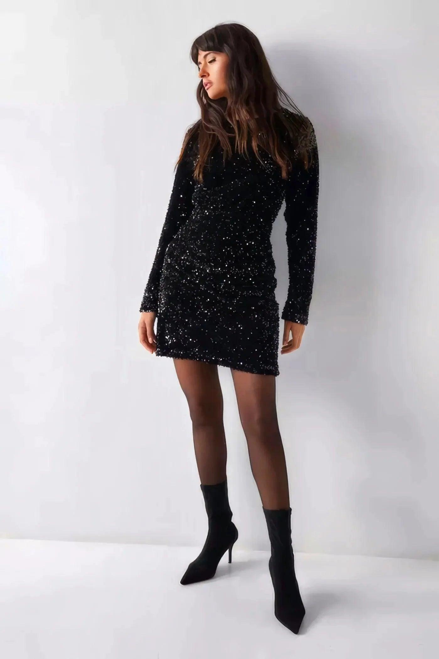 Emerald Elegance: Black Velvet Sequin Drape Front Mini Dress - Her Soul