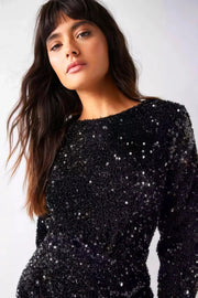 Emerald Elegance: Black Velvet Sequin Drape Front Mini Dress - Her Soul