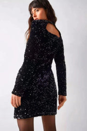 Emerald Elegance: Black Velvet Sequin Drape Front Mini Dress - Her Soul