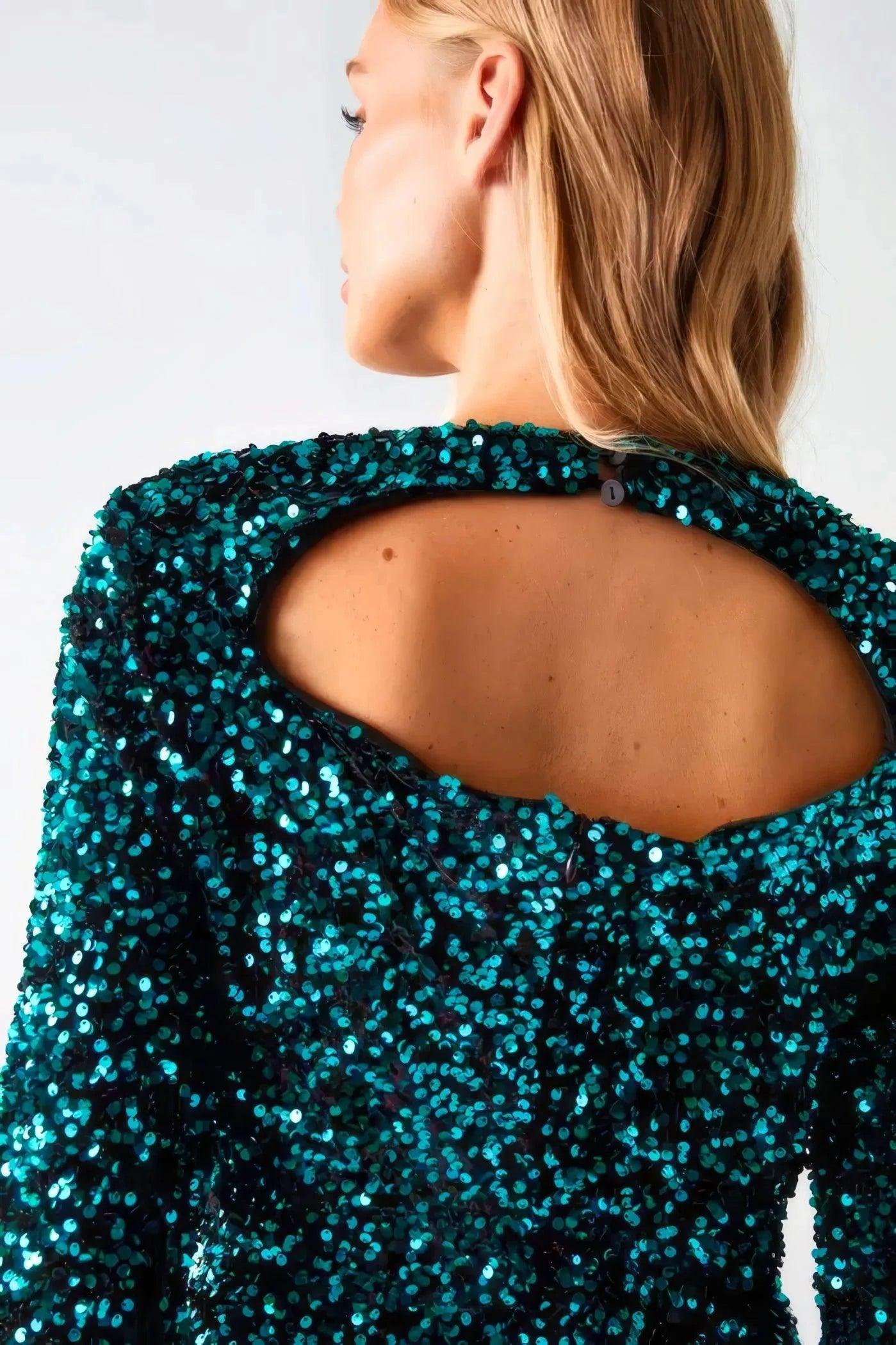 Emerald Elegance: Green Velvet Sequin Drape Front Mini Dress - Her Soul