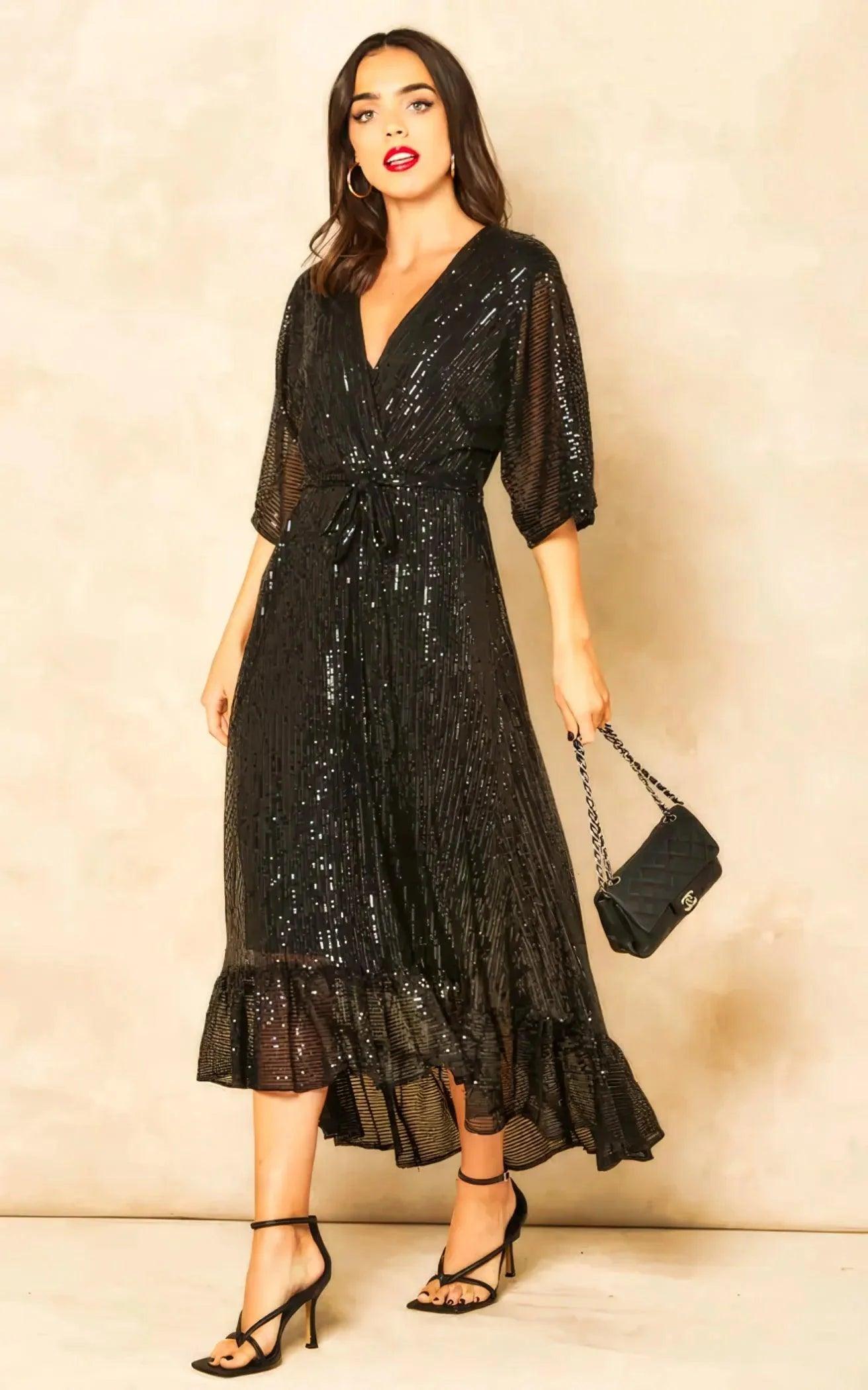 Enchanting Elegance Black Sequin Plunge Maxi Dress - Her Soul