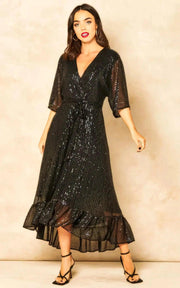 Enchanting Elegance Black Sequin Plunge Maxi Dress - Her Soul