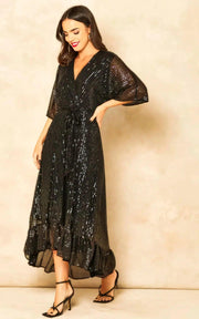 Enchanting Elegance Black Sequin Plunge Maxi Dress - Her Soul