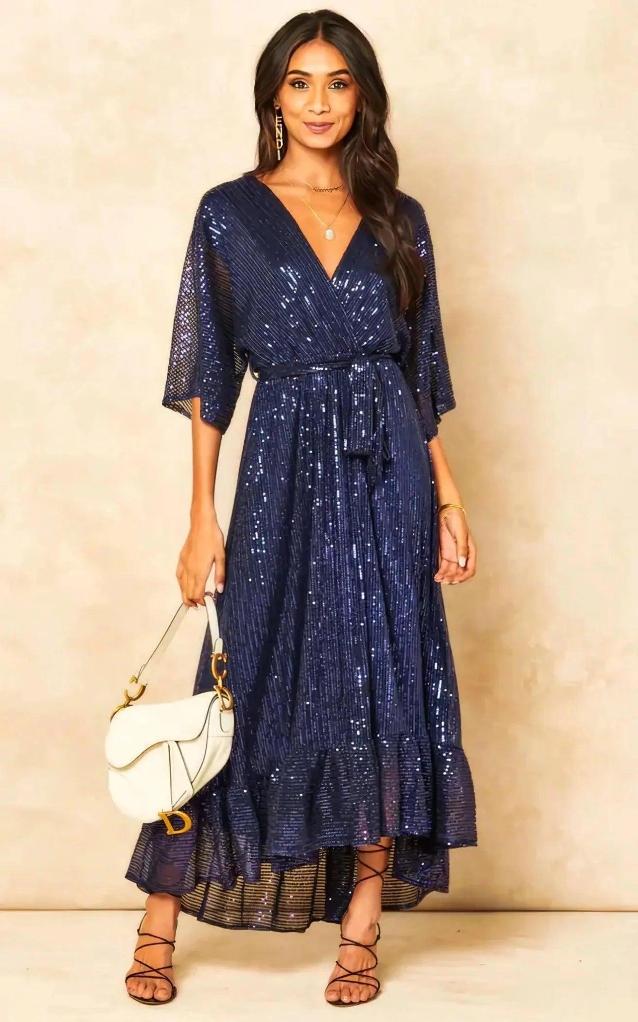 Enchanting Elegance Blue Sequin Plunge Maxi Dress - Her Soul