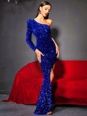 Eternal Glamour: One Shoulder Blue Sleeveless Sequin Mermaid Dress - Her Soul