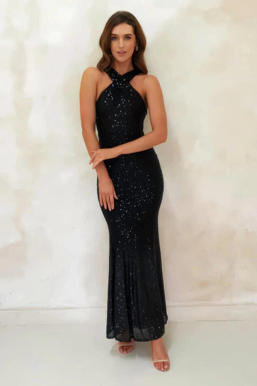 Glamorous Radiance: Jozelle Black Sequin Halterneck Bodycon Gown - Her Soul