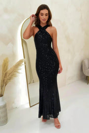 Glamorous Radiance: Jozelle Black Sequin Halterneck Bodycon Gown - Her Soul