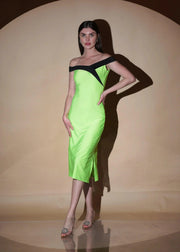 Neon Dacron Zest Glamour Off Shoulder Slim Fit Midi Dress - Her Soul