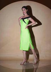 Neon Dacron Zest Glamour Off Shoulder Slim Fit Midi Dress - Her Soul