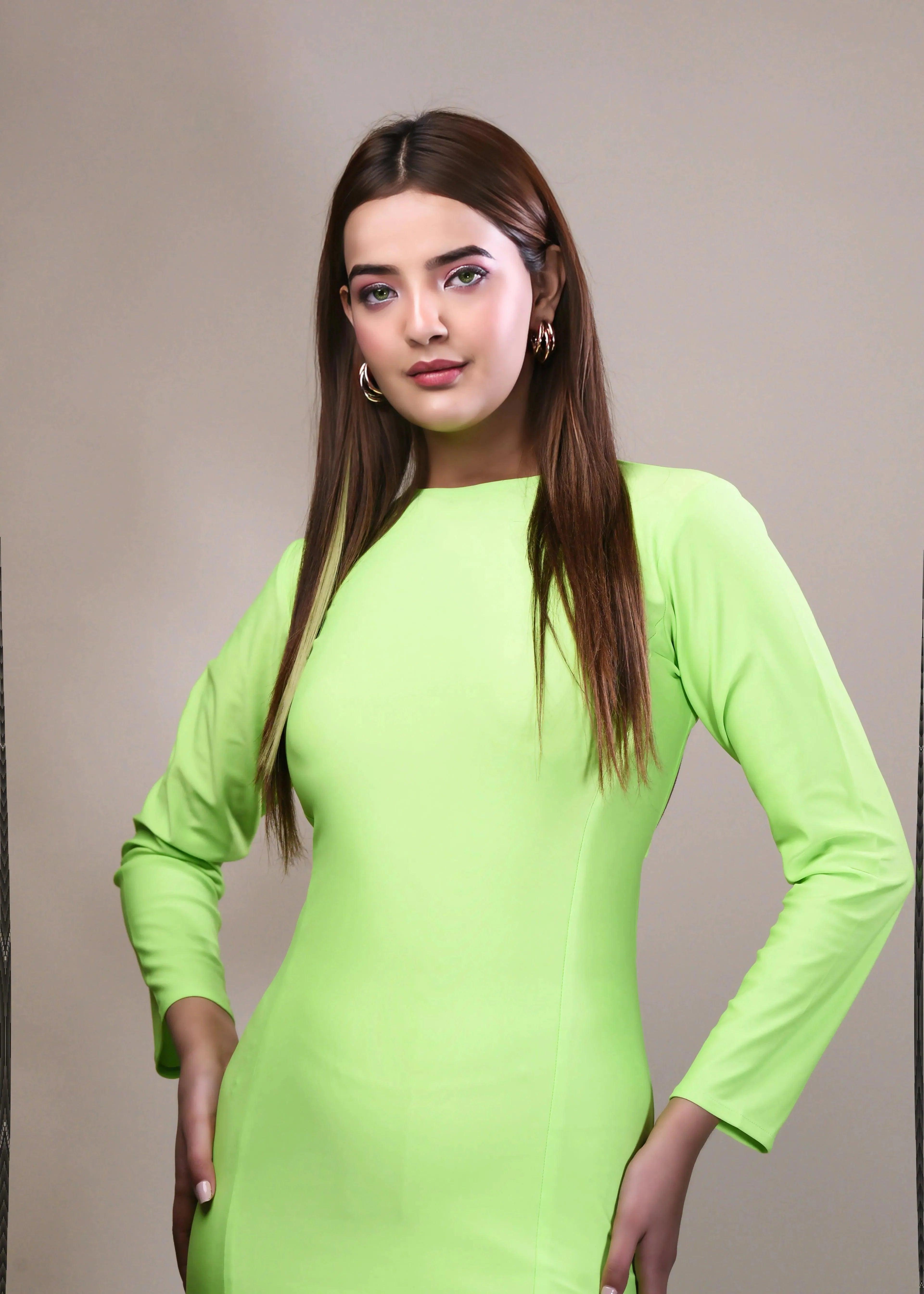 NEON GREEN DACRON BACKLESS WITH TIE UP STRING BODYCON DRESS - Her Soul