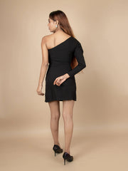 ONE-SHOULDER SLIM FIT BLACK CREPE BODYCON DRESS - Her Soul